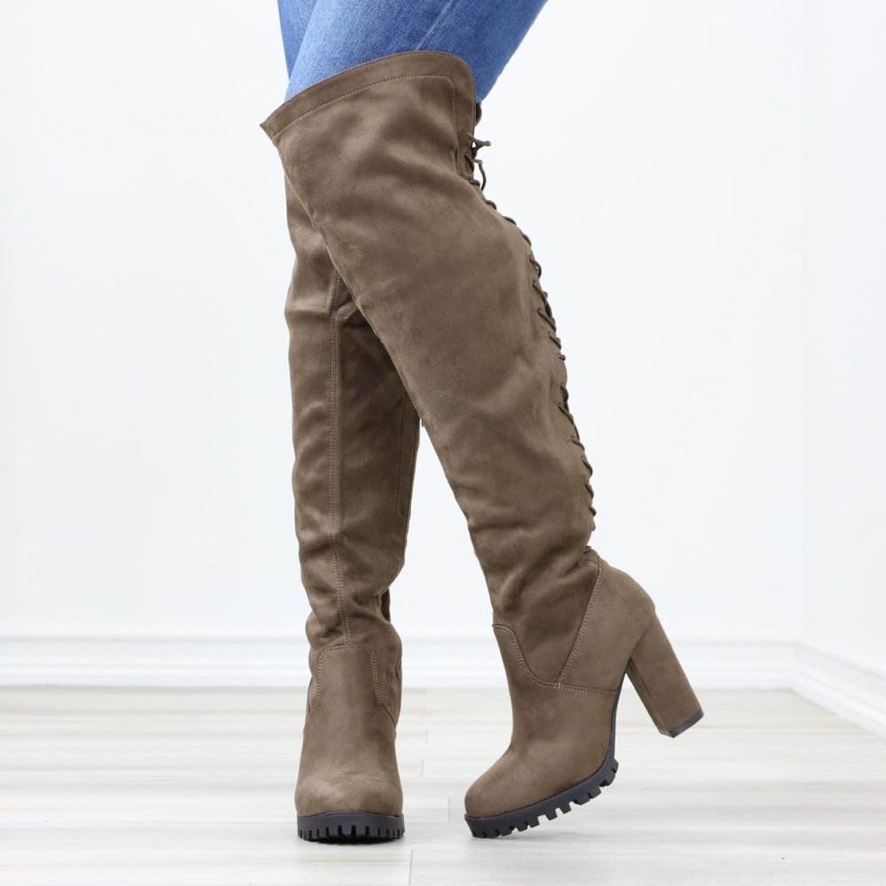 Full Lace-Up Back Taupe Faux Suede Thigh High Over The Knee Lug Block Heeled Boo - Picture 11 of 14